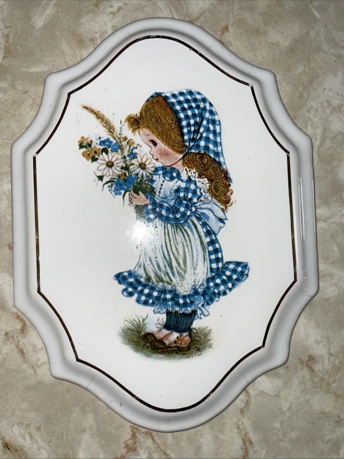 Vintage 1970s Pictorial Plaque Girl Bonnet Simple Bouquet Gingham Vintage 1970s Pictorial Plaque Girl Bonnet Simple Bouquet Gingham