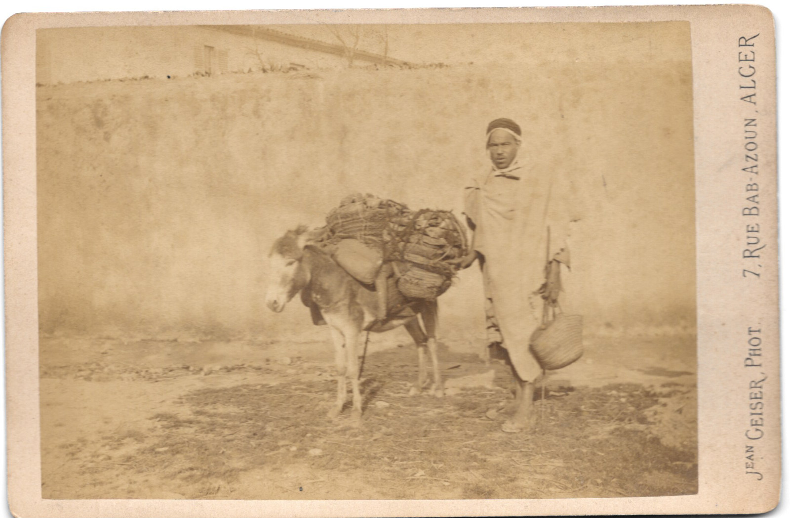 Jean Geiser, young peasant with his donkey 1870 Algiers Algeria photo cabinet albumin Jean Geiser, young peasant with his donkey 1870 Algiers Algeria photo cabinet albumin