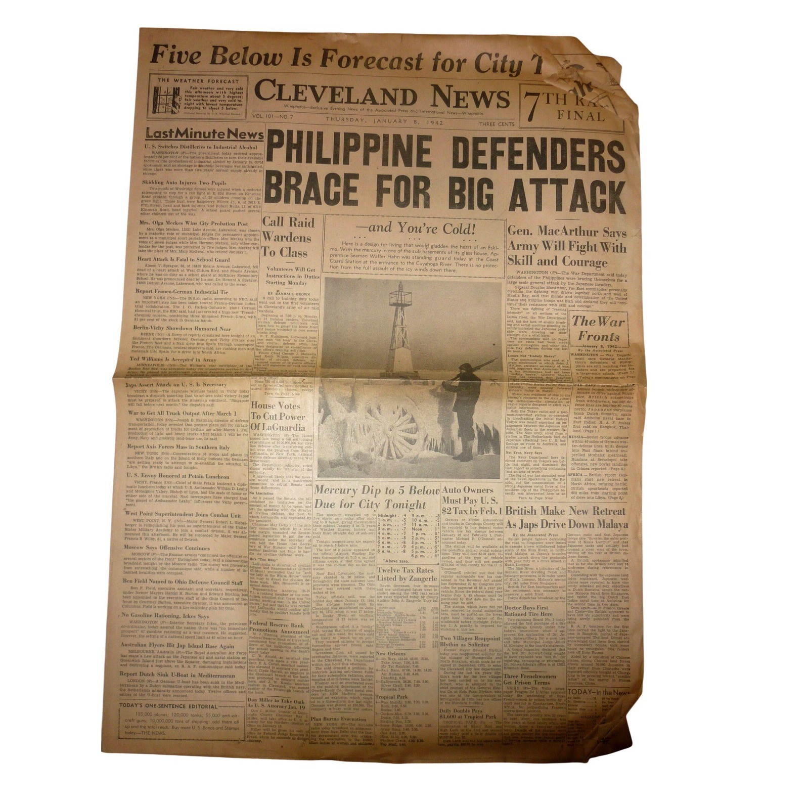 Vintage Cleveland News Jan 8 1942 WWII Philippine Defenders MacArthur Newspaper Vintage Cleveland News Jan 8 1942 WWII Philippine Defenders MacArthur Newspaper