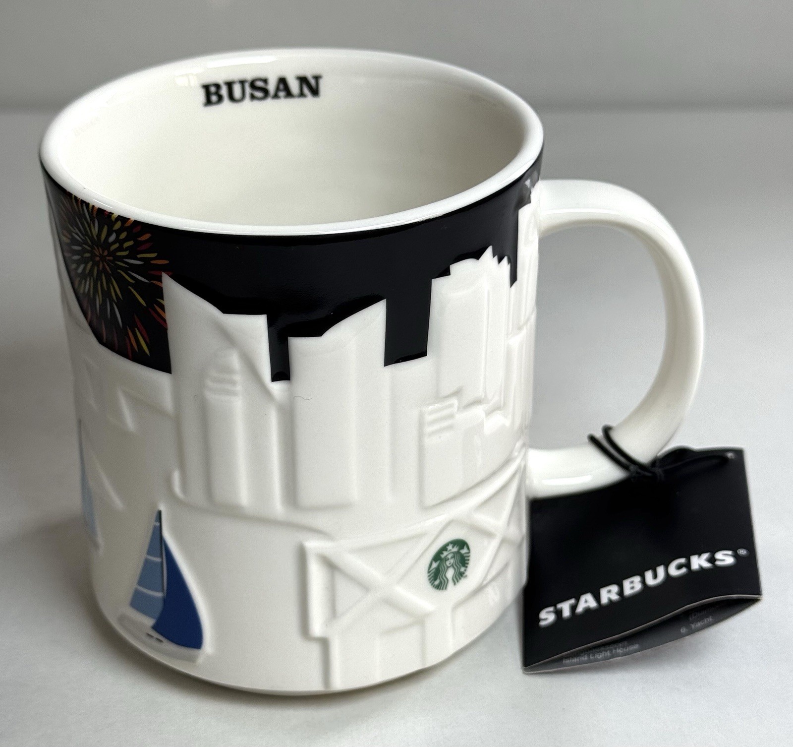 NWT Starbucks Busan Embossed City Skyline Mug White/Black Fireworks Sailboats