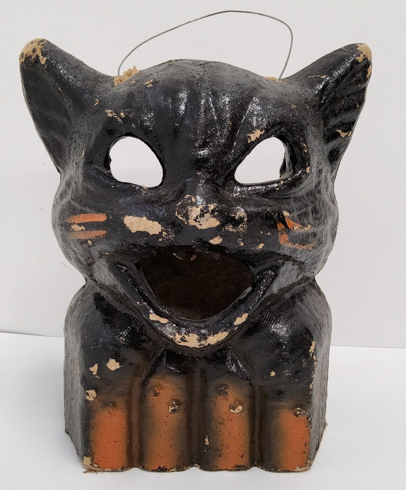 Vintage 1930's-1940's Halloween Molded Paper Mache Black Cat On Fence Lantern
