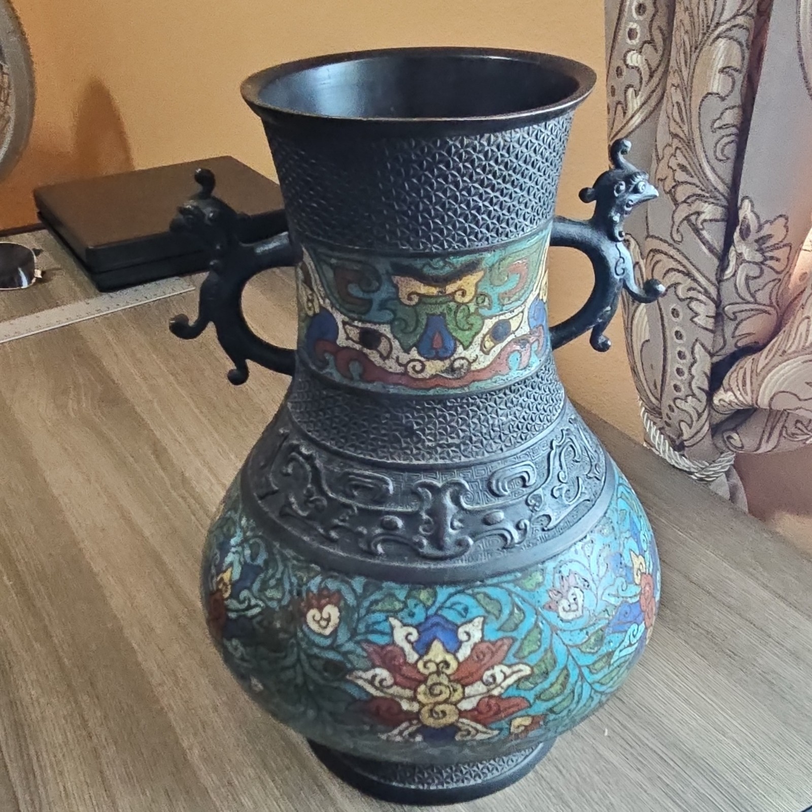 Antique Japanese Meiji Bronze floral enamel Champleve Vase / Urn W/ twin handles