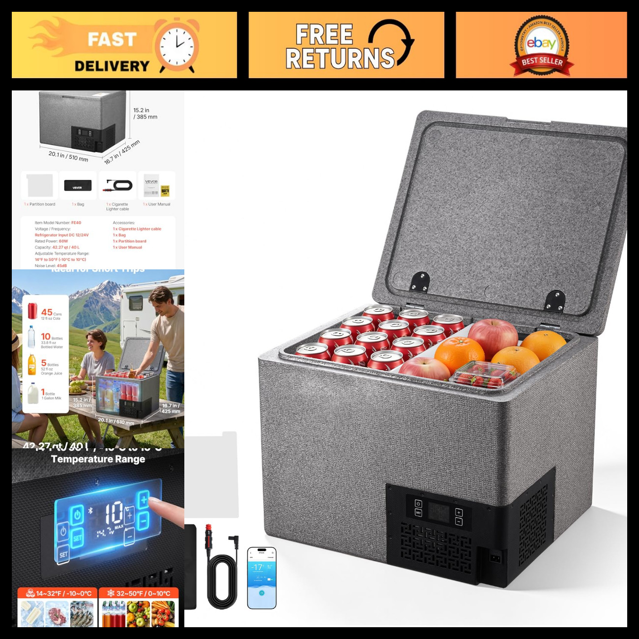 VEVOR 12 Volt Refrigerator, 42.3 QT/ 40L Car Fridge, Portable Ultra-Light EPP Fr
