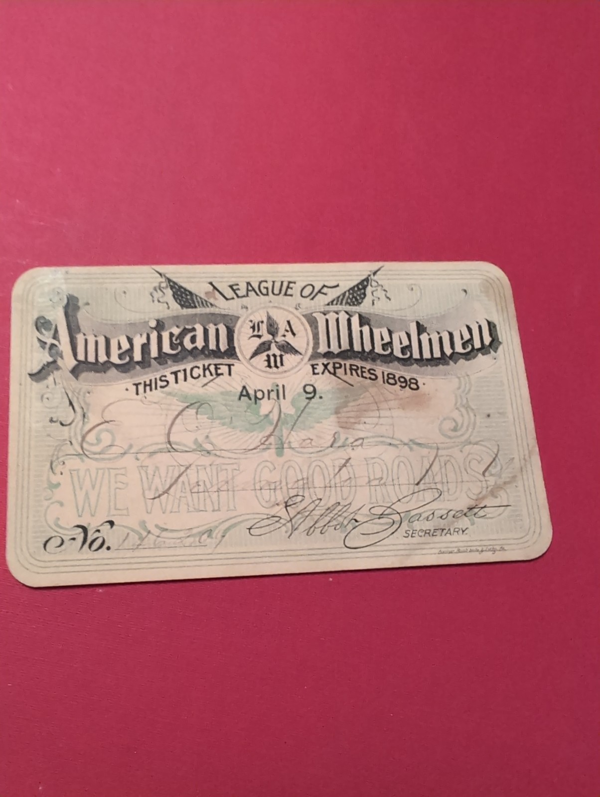 1898 League of American Wheelmen Bicycle Club Membership Ticket Card Antique LAW 1898 League of American Wheelmen Bicycle Club Membership Ticket Card Antique LAW