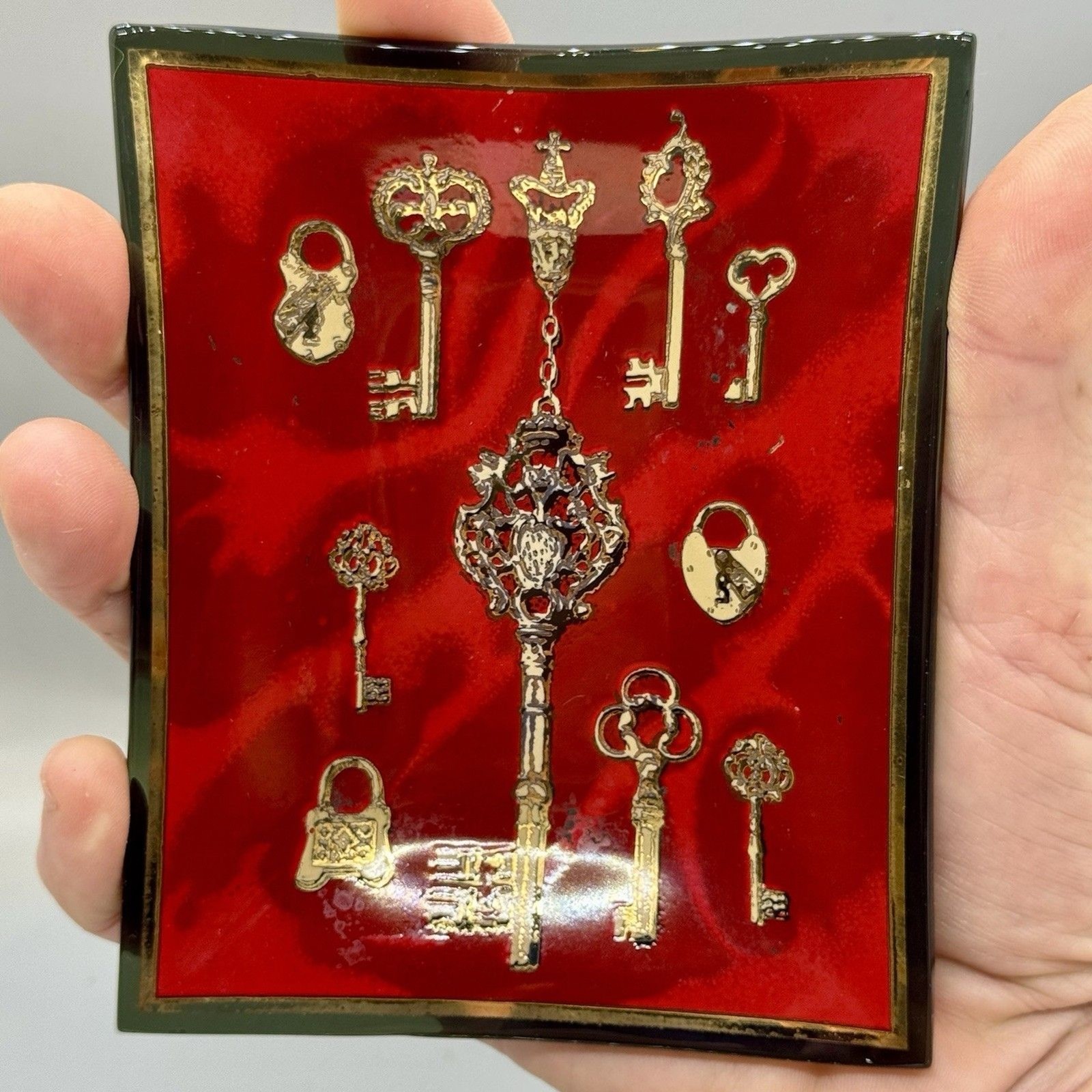 Vintage MCM Collectible Houze Art Bent Smoked Glass Tray 1960’s Red Key Design