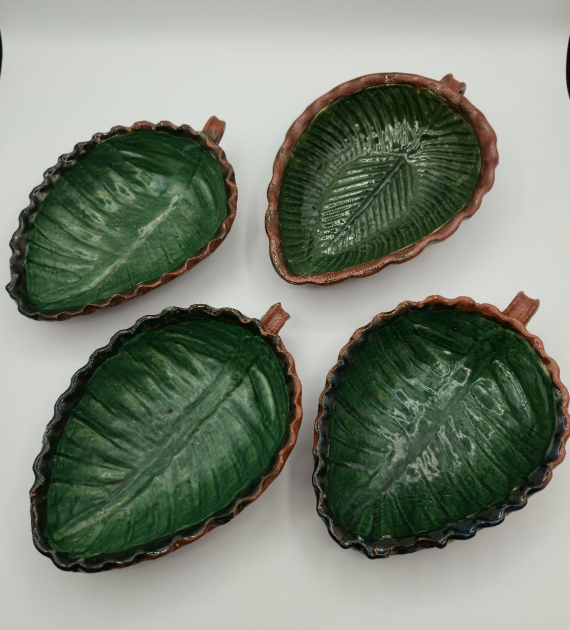 4 VTG Patamban Michoacan Mexico Green Glazed Leaf Redware Pottery Bowls *READ 4 VTG Patamban Michoacan Mexico Green Glazed Leaf Redware Pottery Bowls *READ