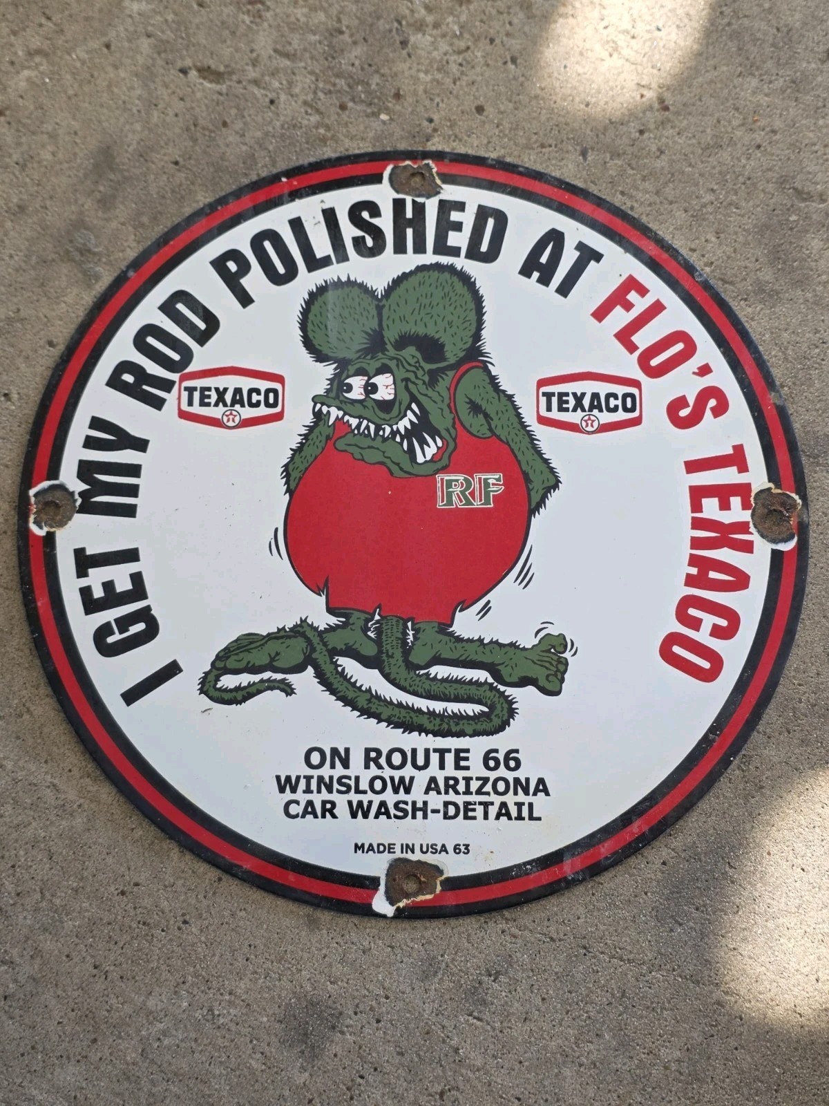 VINTAGE RAT FINK FLO'S TEXACO PORCELAIN SIGN 12 VINTAGE RAT FINK FLO'S TEXACO PORCELAIN SIGN 12
