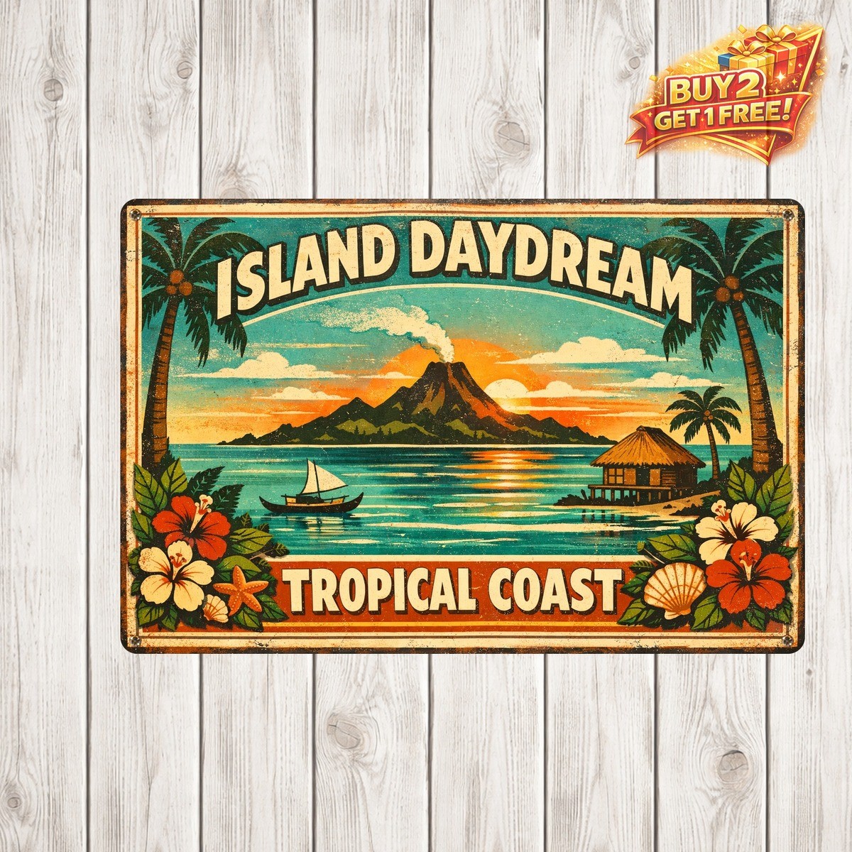 Aloha Hawaii Beach Vintage Tin Sign Tropical Island Print Metal Wall Art 8x12
