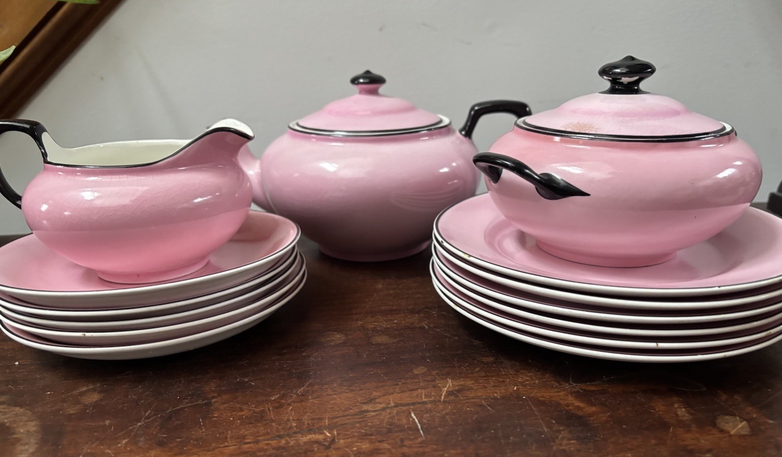 Antique D.E. McNicol Art Deco Pink & Black Teapot Tea Set East Liverpool, Ohio