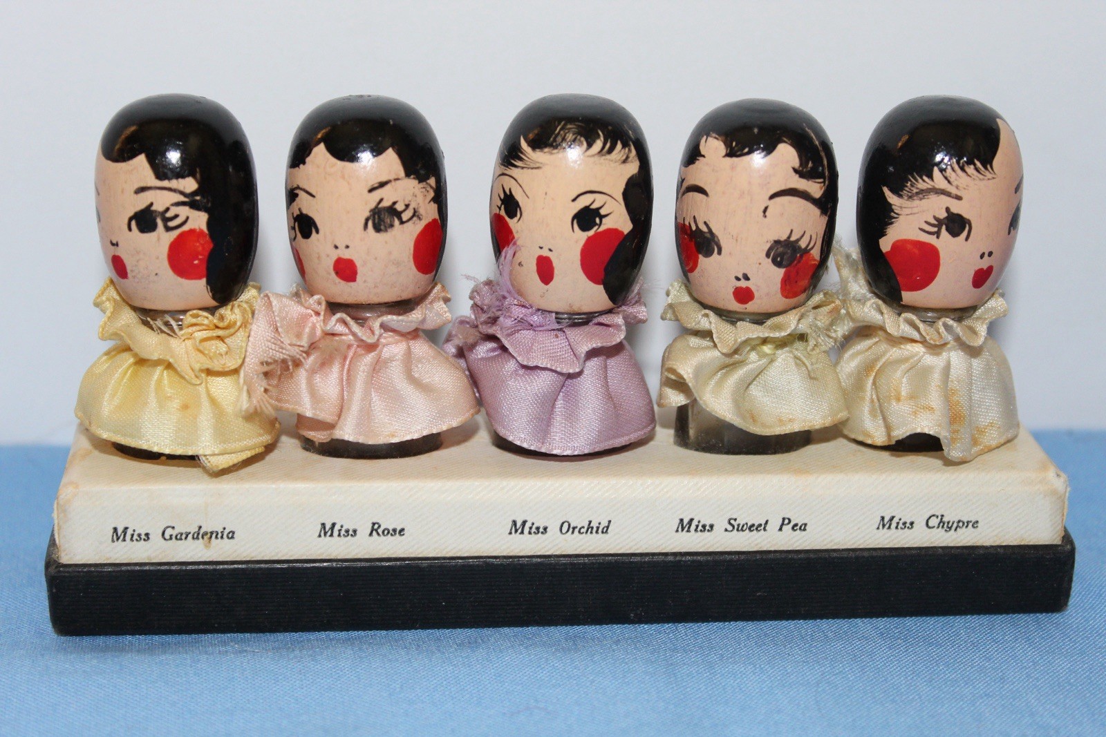 Vtg 1930’s Karloff Perfume Bottles  Hand Painted Wood Quintuplet Florals