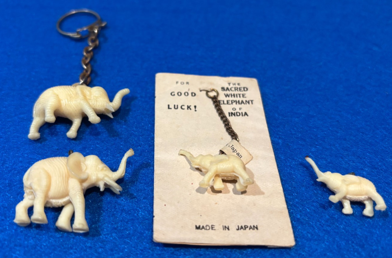 4 Vintage Trunk Up Elephants - 3 Charms & a Key Chain - Japan