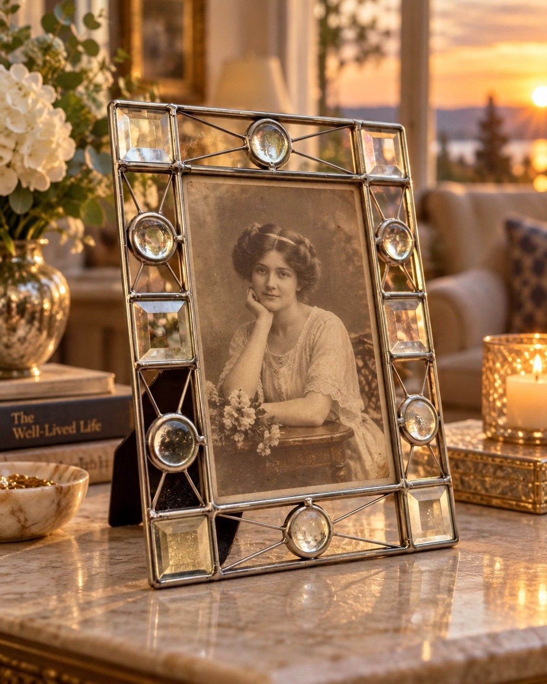 Vintage Tiffany Style Stained Beveled Glass Silver Tone Metal Photo Frame 8.5”