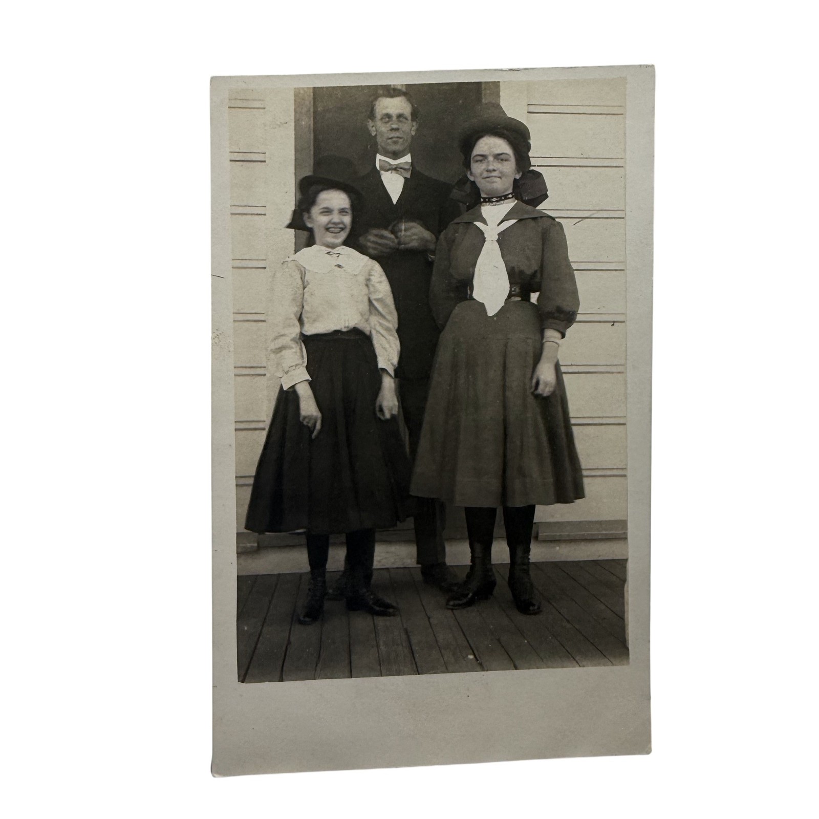Vintage C1910s Man Two Women Porch RPPC Real Photo Postcard 3.5x5.5 Unposted