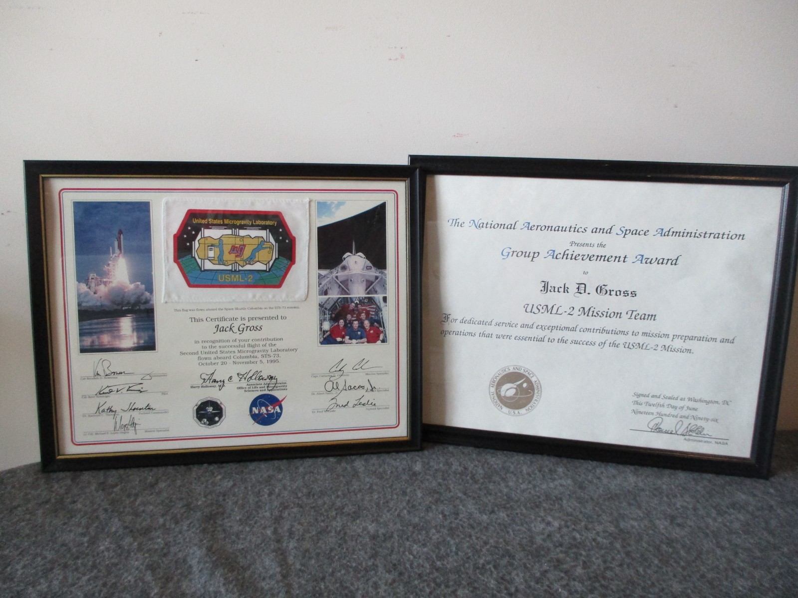 NASA SPACE SHUTTLE COLUMBIA STS-73 USML-2 MICROGRAVITY FLOWN FLAG CERT + AWARD NASA SPACE SHUTTLE COLUMBIA STS-73 USML-2 MICROGRAVITY FLOWN FLAG CERT + AWARD