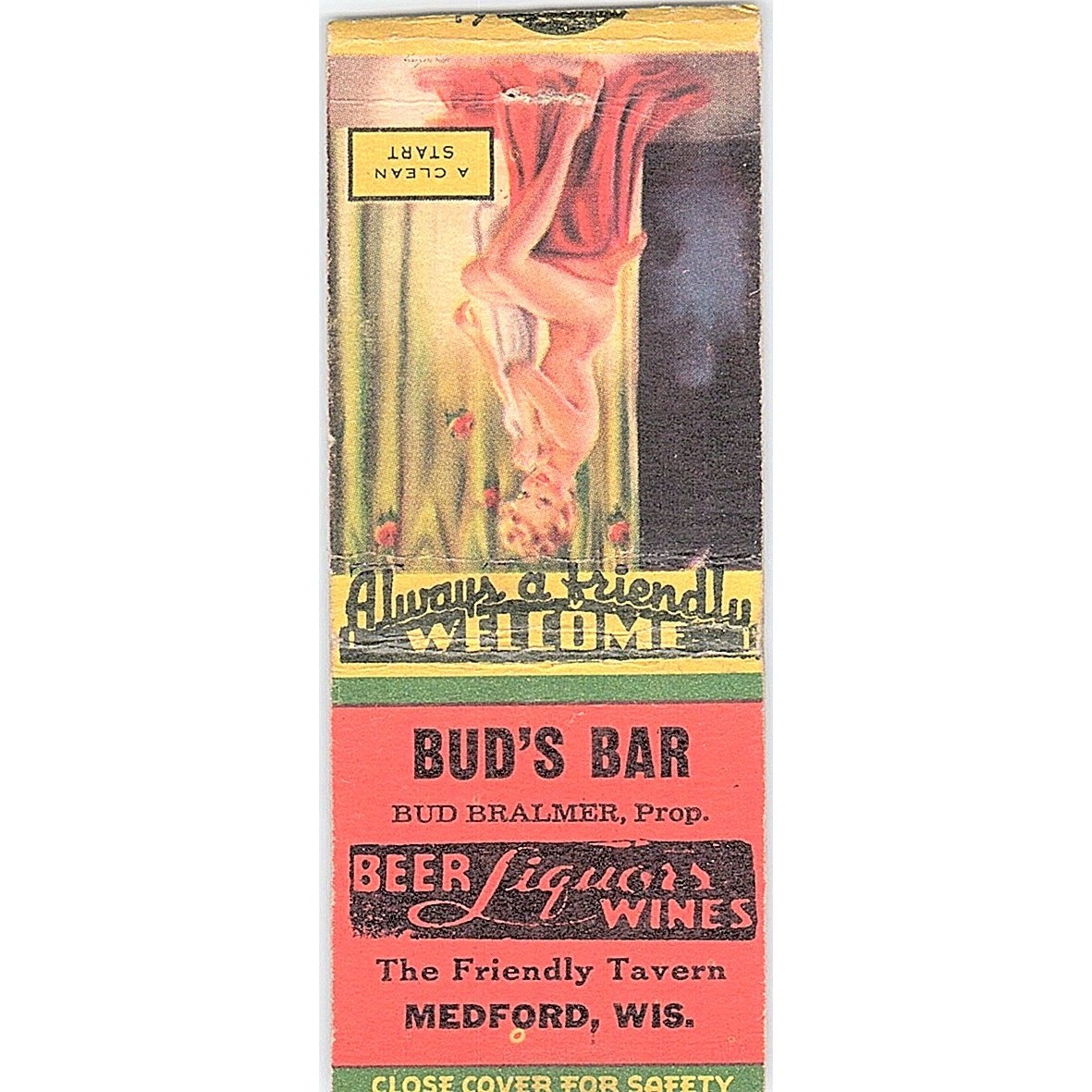 Bud's Bar Bud Brahmer Medford WI Pinup Vintage Matchbook Cover SC7-Y6