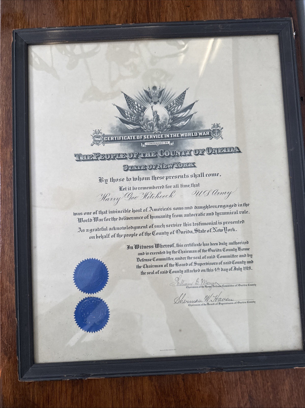 1919 WWI ONEIDA NY US ARMY CERTIFICATE OF GREAT WAR SERVICE HARRY HITCHCOCK