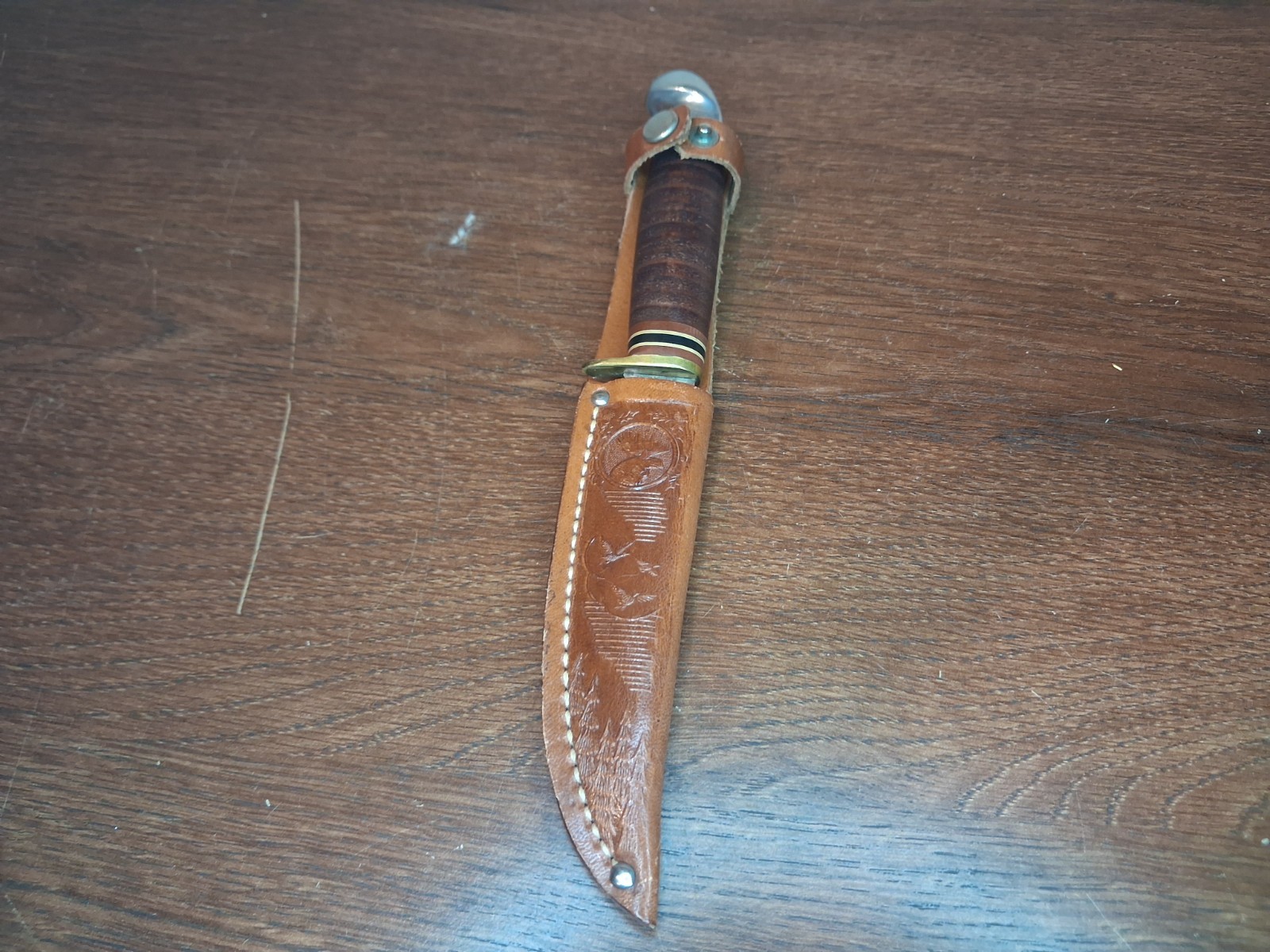 Vintage Marbles Gladstone USA Fixed Blade Knife Leather Bull Head Sheath Vintage Marbles Gladstone USA Fixed Blade Knife Leather Bull Head Sheath