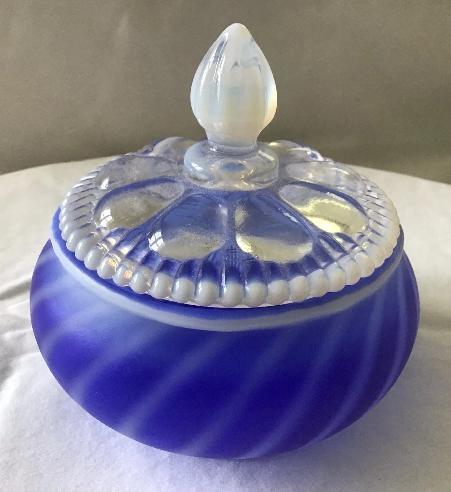VINTAGE FENTON ART GLASS BLUE OPALESCENT SATIN SWIRL OPTIC POWDER JAR