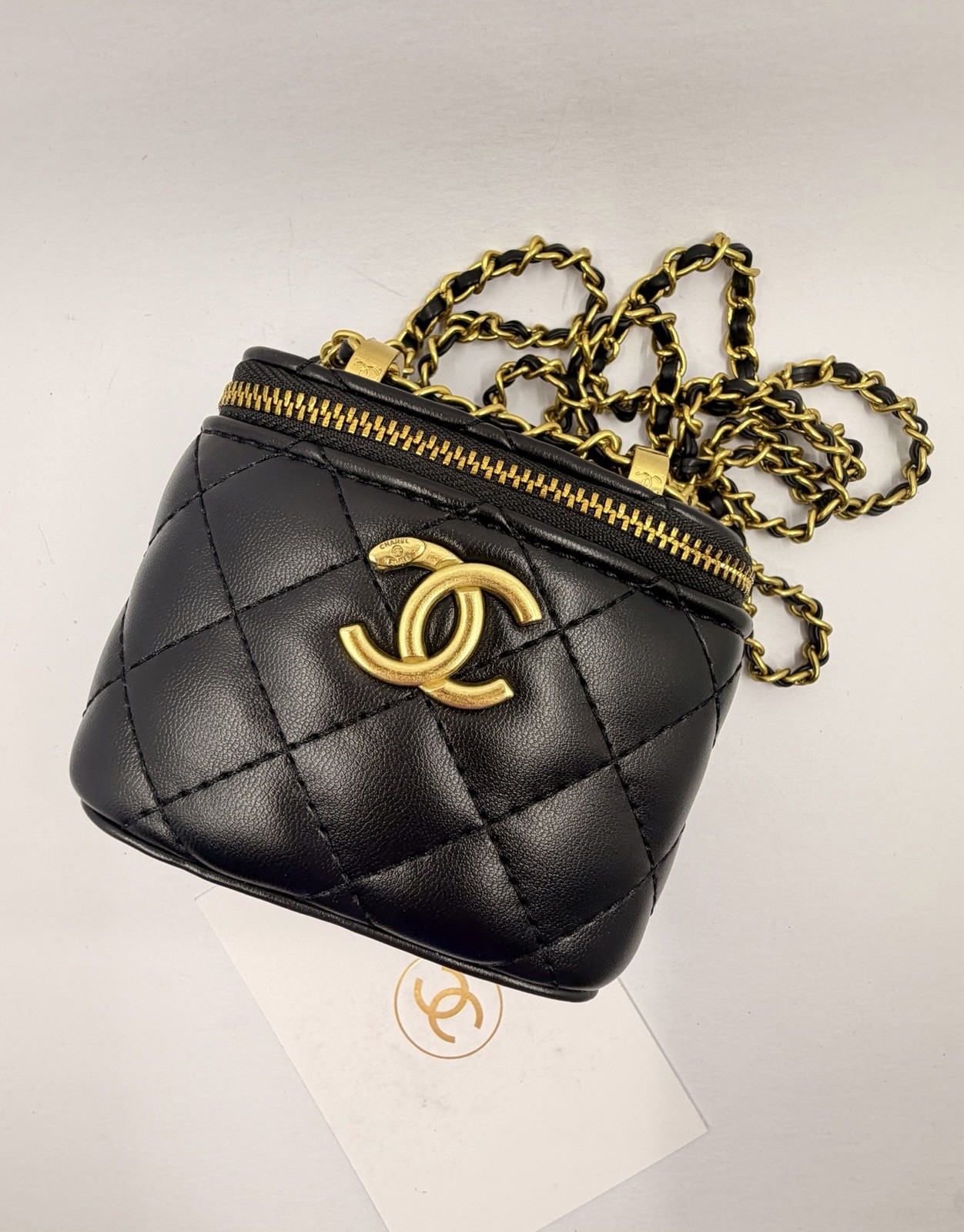 CHANEL Beauty GWP Mini Quilted Bag Black Gold Chain Strap Vanity Crossbody CHANEL Beauty GWP Mini Quilted Bag Black Gold Chain Strap Vanity Crossbody