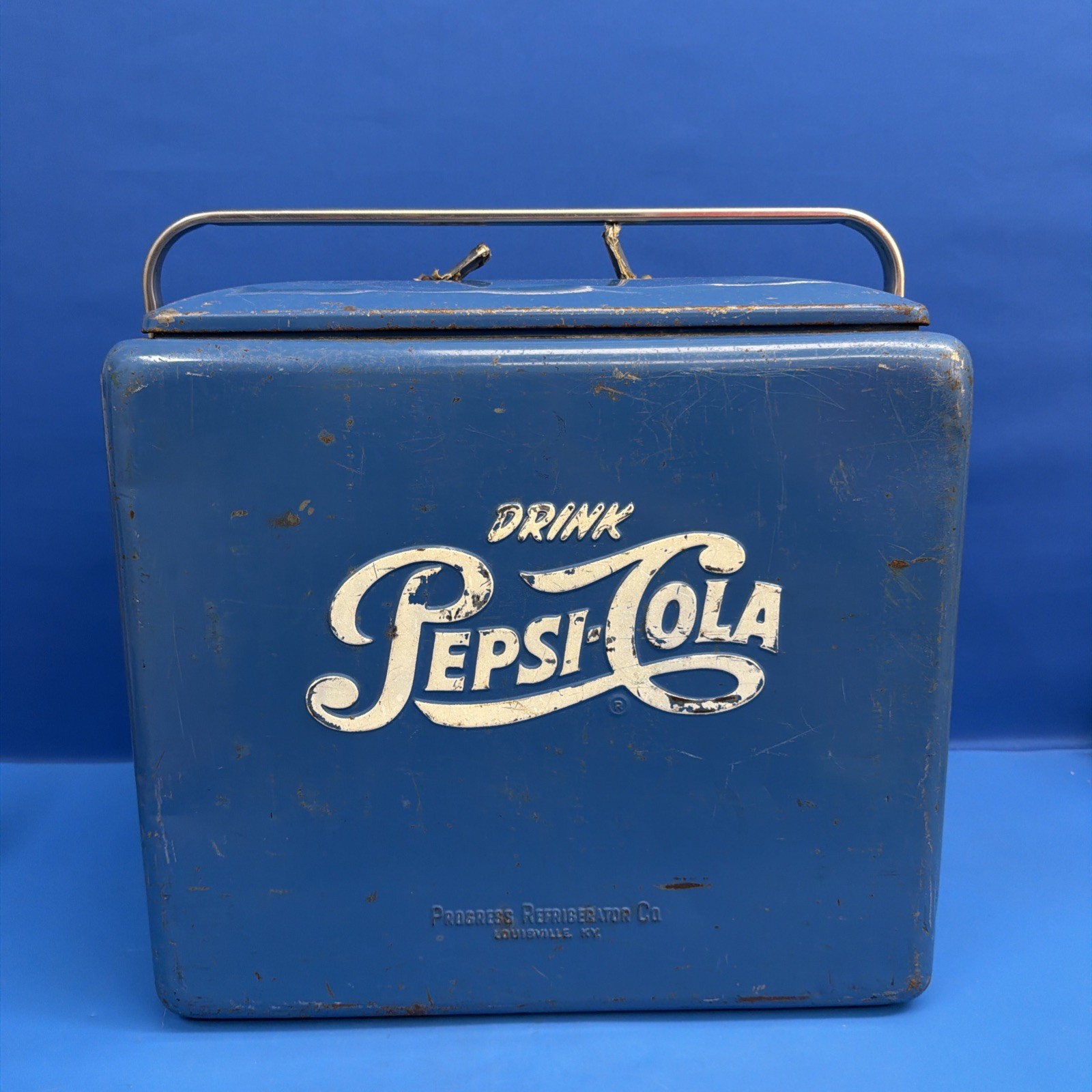 Vintage Pepsi-Cola Metal Cooler Progress Refrigerator Co Blue Ice Chest w/ Tray