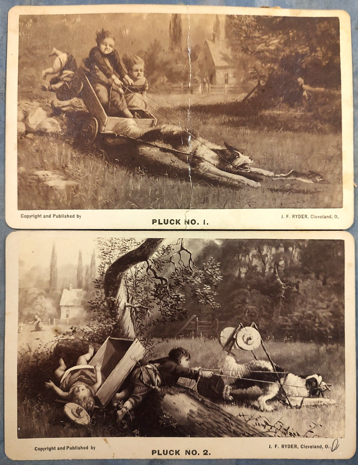 TWO Vintage Pluck Series Cabinet Card Children Dog Wagon J.F. Ryder c1880s TWO Vintage Pluck Series Cabinet Card Children Dog Wagon J.F. Ryder c1880s