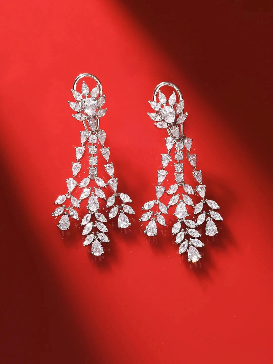 Diamond Floral 14K White Gold Over Elegance Statement Drop Earrings with Clip-On