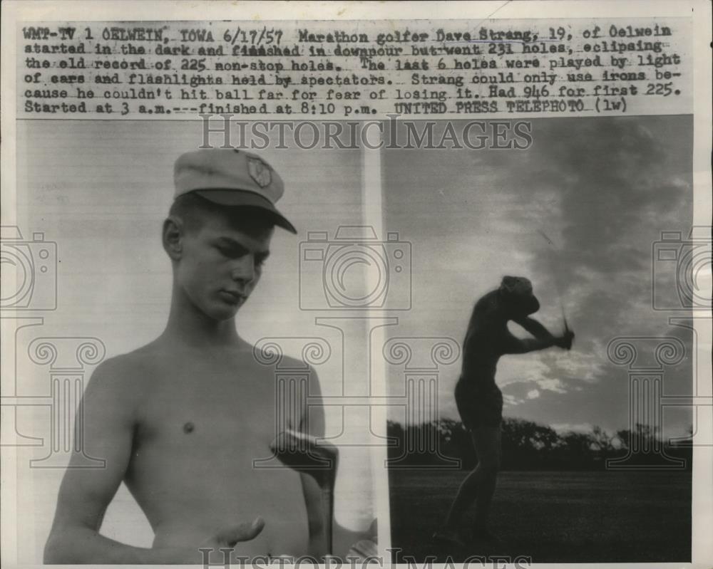 1957 Press Photo Marathon golfer Dave Strang plays 231 holes in Iowa