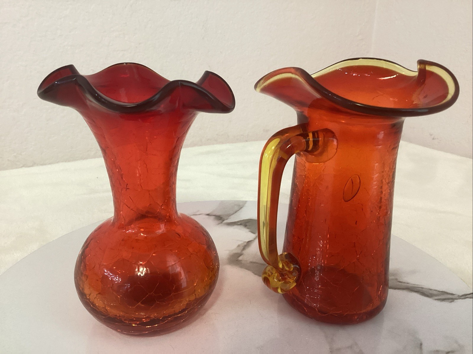VTG Hand blown Amberina Crackle Glass Pitcher & Vase - Yellow Handle & Rim GLOWS