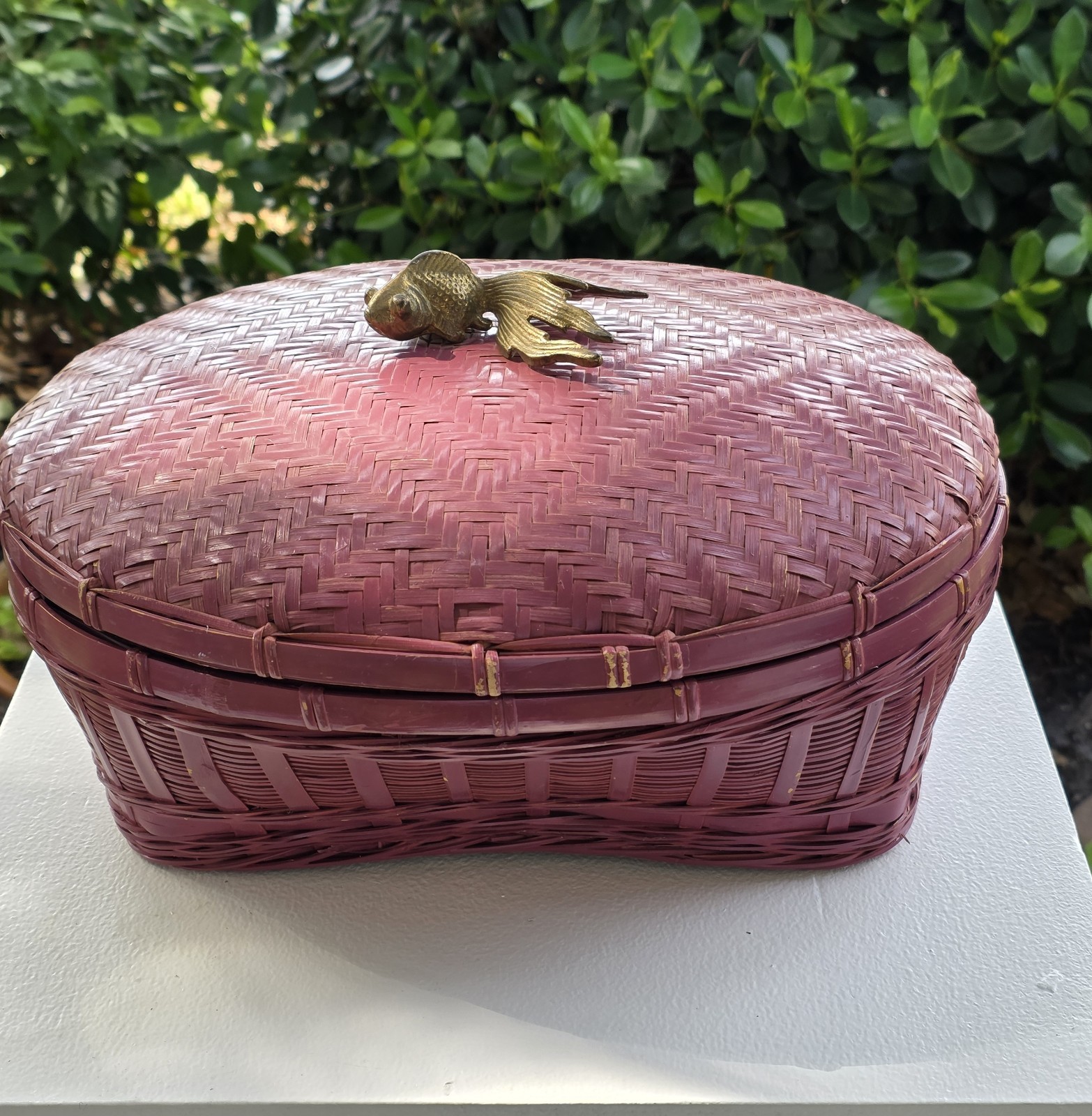 Vintage Mauve Painted Wicker Basket with Brass Goldfish on Lid