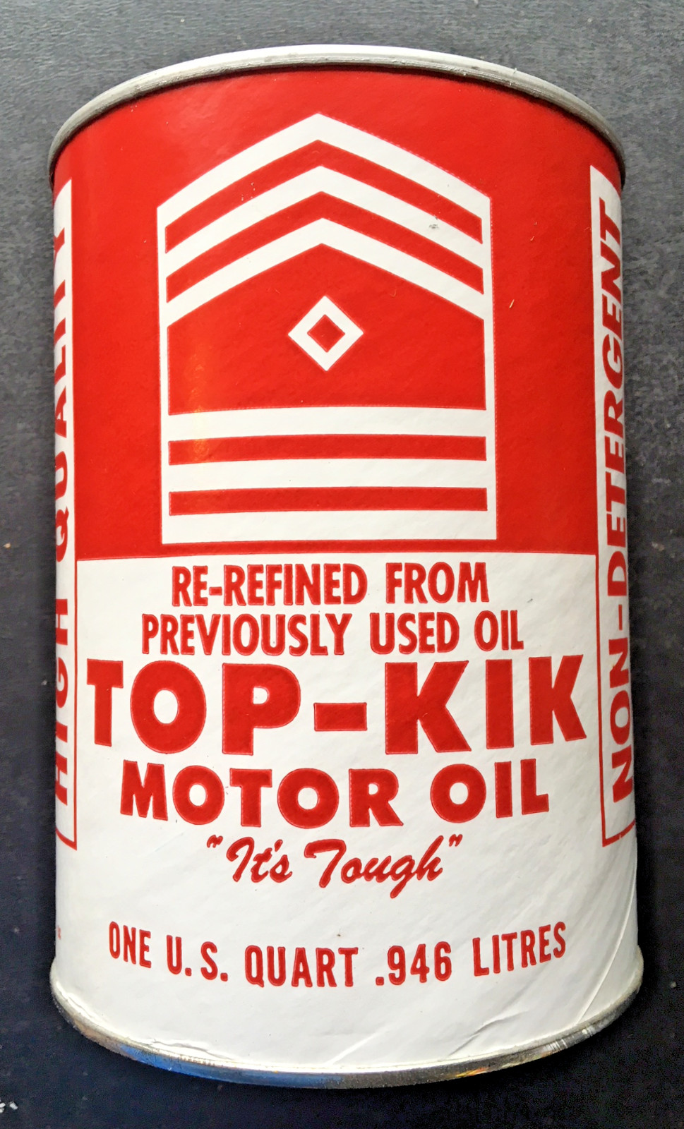 1960's  TOP-KIK Red  / White Cardboard Oil Can w/ Metal Top & Bottom  NOS