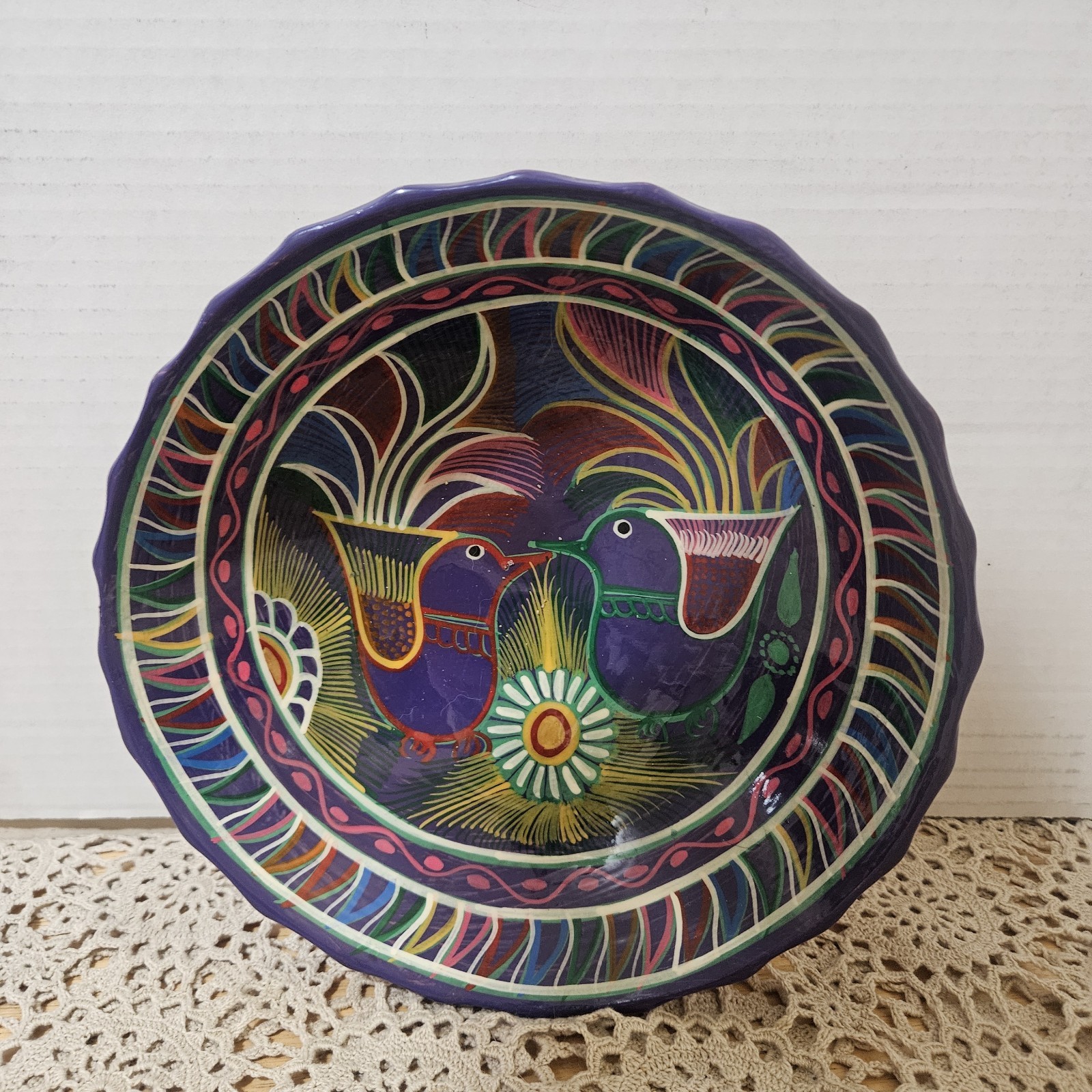 Vintage Mexican Tlaquepaque Tonala Pottery Bowl Birds Folk Art Hand Painted 8