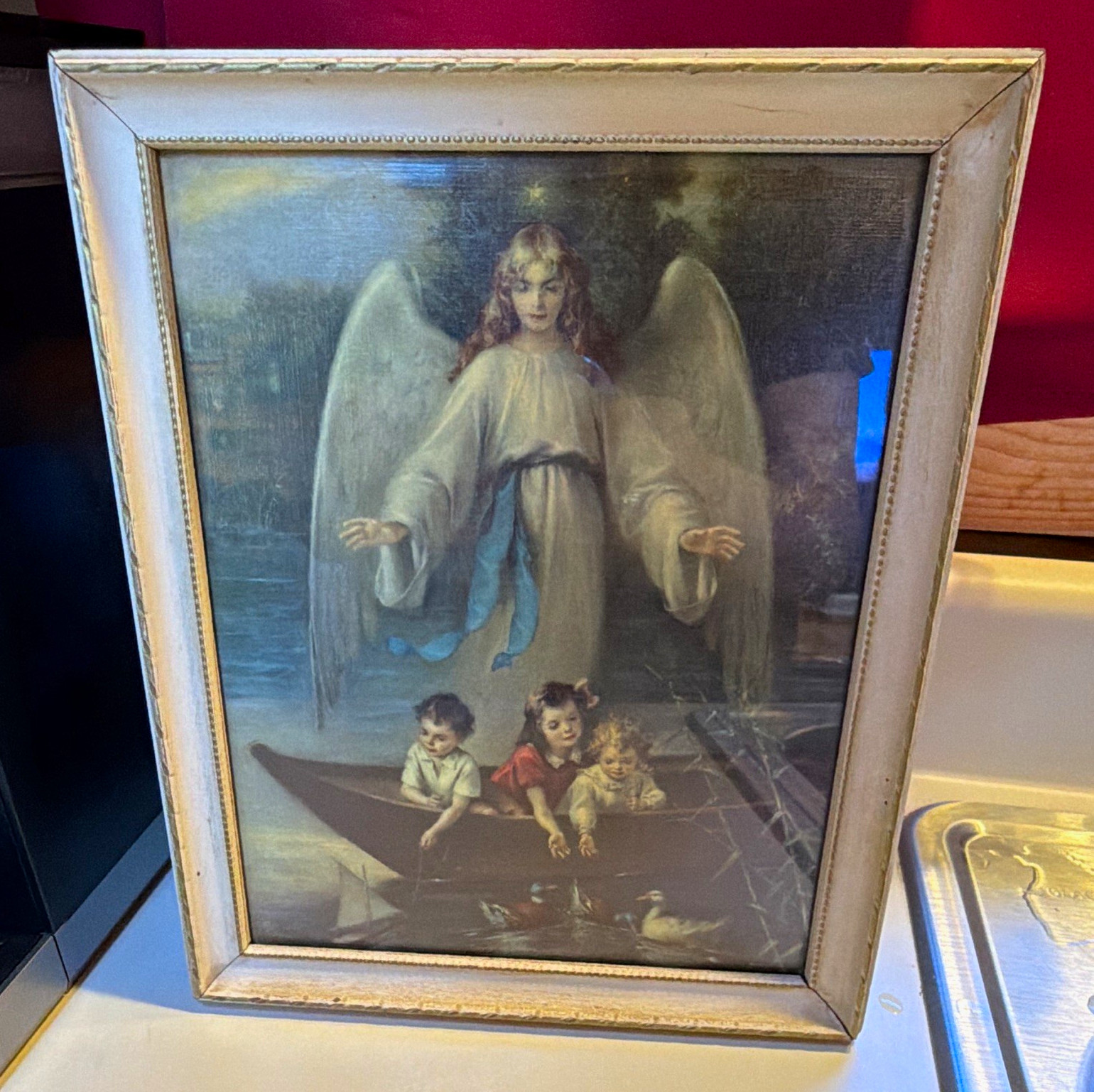 Christian Guardian Angel & Children in Boat Framed Print Wall Hanging 1962 Besev