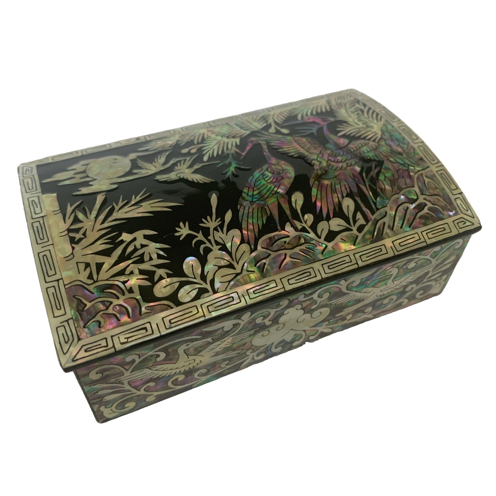 Vtg Korea Mother of Pearl Lacquer Trinket Jewelry Box Cranes Iridescent Mosaic