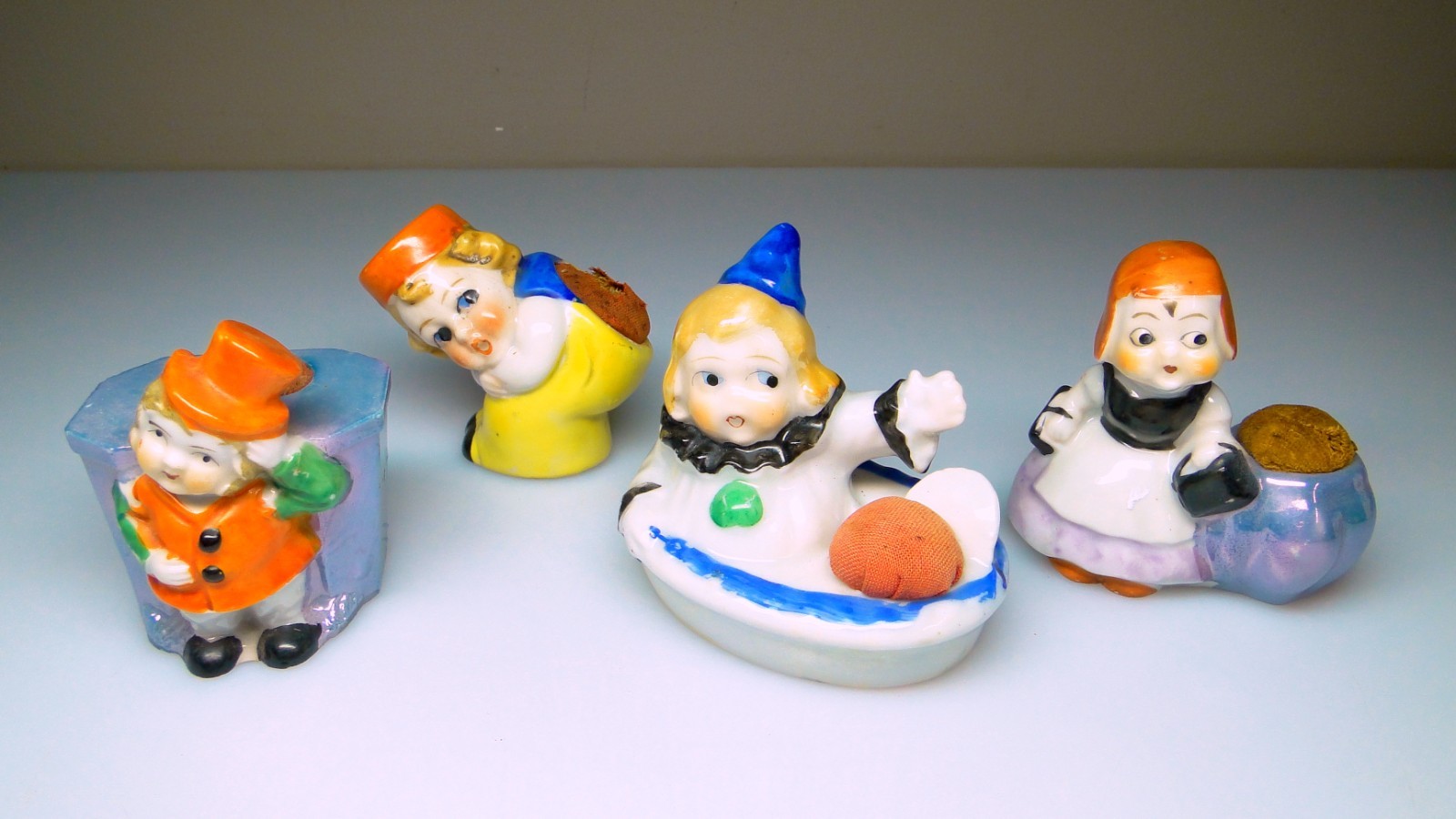 Vintage 30s-40s Japan Pincushions Deco Clown Whimsical People 4pc Lot Vintage 30s-40s Japan Pincushions Deco Clown Whimsical People 4pc Lot