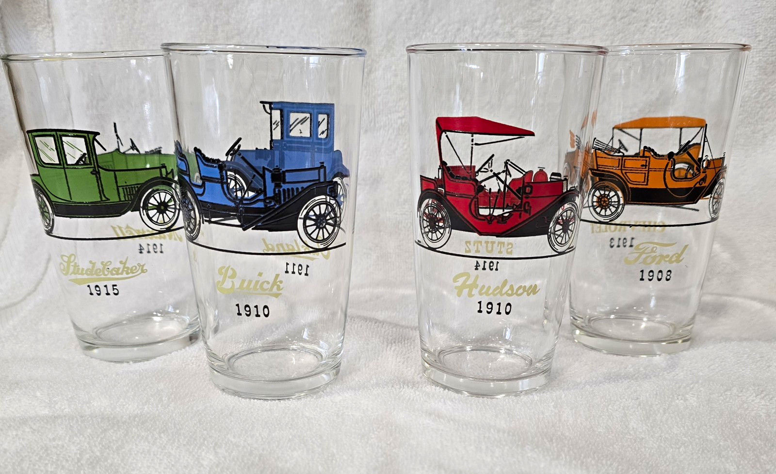 Vintage Car Drinking Glasses Set 1908-1915 Ford Buick Chevrolet Hudson Studebake