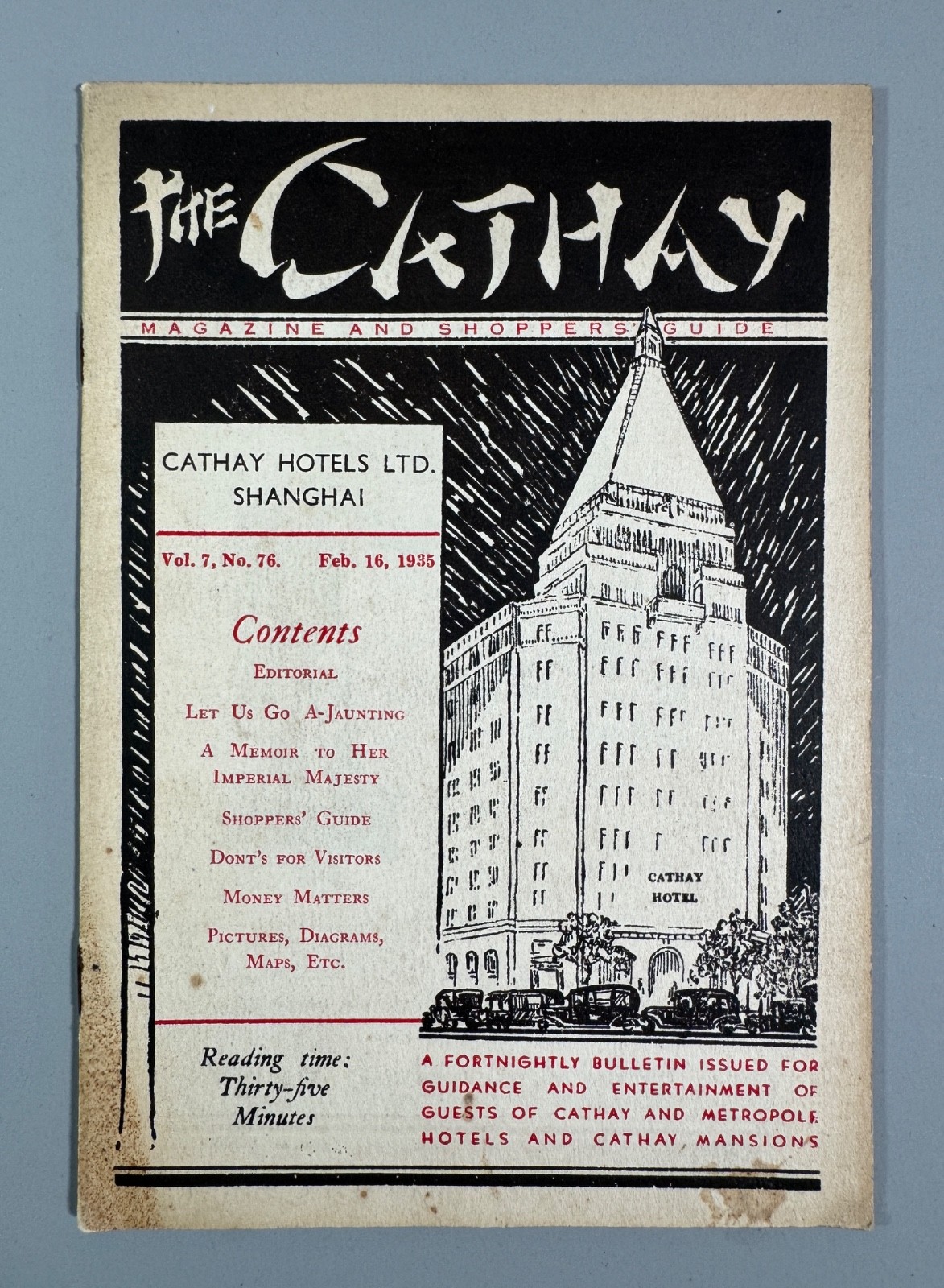 1935 The CATHAY HOTEL Shanghai China Magazine for Guests with Articles Ads & Map