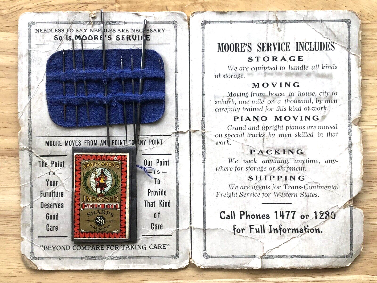 ANTIQUE 1920s HARRY E MOORE STORAGE MOVERS SPOTSWOOD'S NEEDLES ADVERTISEMENT