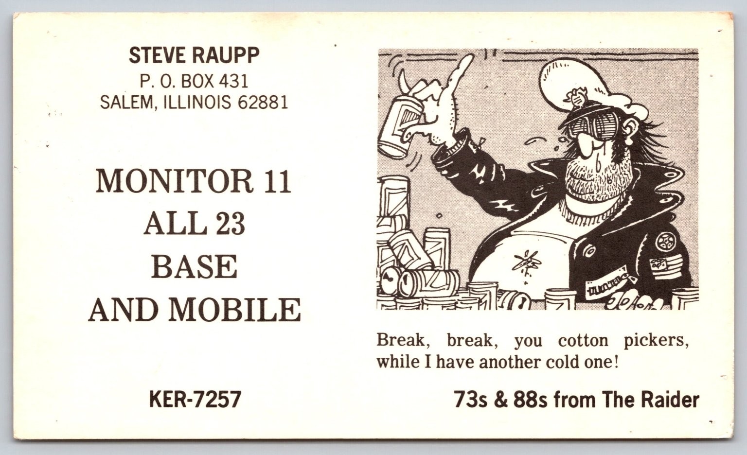 1973 CB Radio QSL Postcard - The Raider Salem Illinois Cartoon Art B68 1973 CB Radio QSL Postcard - The Raider Salem Illinois Cartoon Art B68