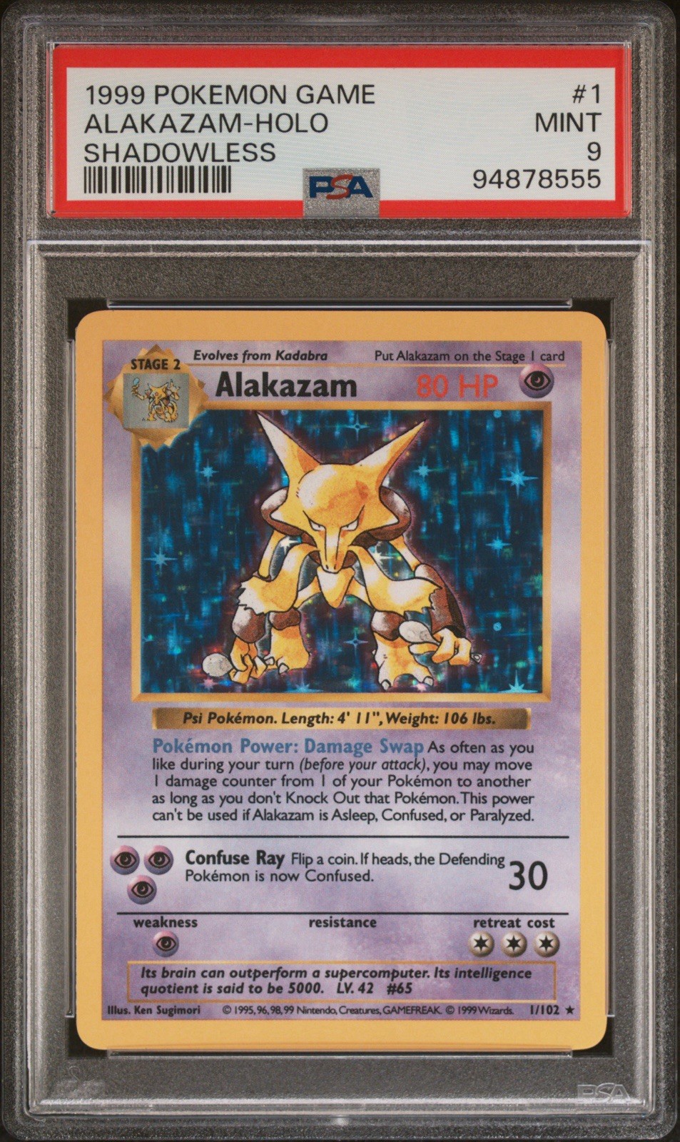 Pokemon 1999 Alakazam Holo Shadowless 1/102 PSA 9 WotC EN Ken Sugimori Pokemon 1999 Alakazam Holo Shadowless 1/102 PSA 9 WotC EN Ken Sugimori