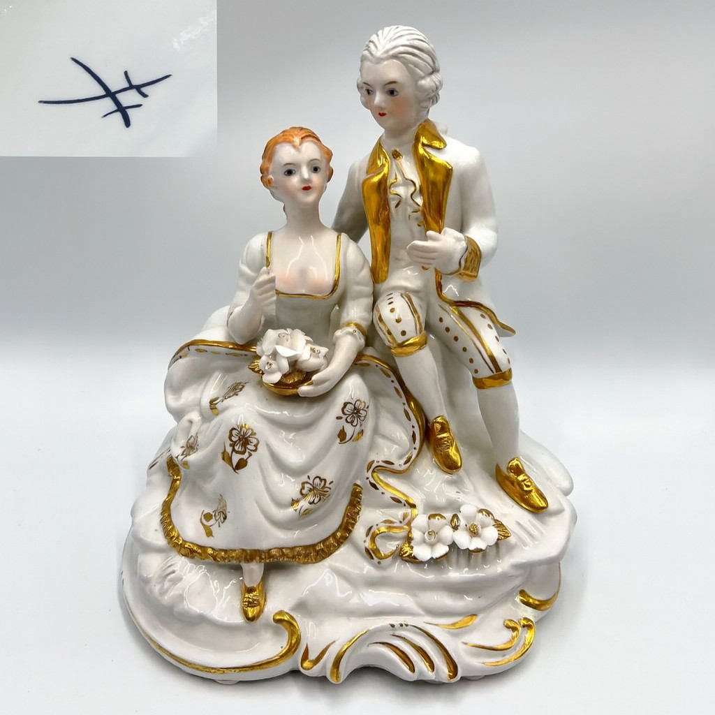 Massive Dresden Porcelain Figurine Couple in Love Vintage Germany Gold Gilded