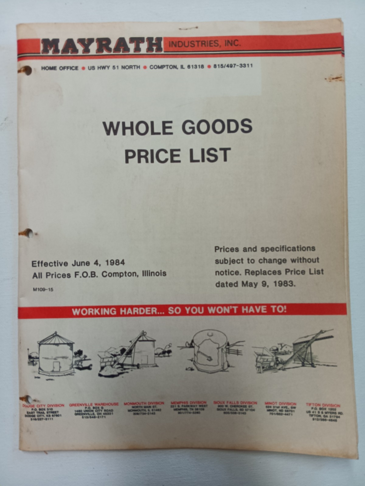 1984 Mayrath Industries Inc Whole Goods Price List DEALER SALES CATALOG BROCHURE