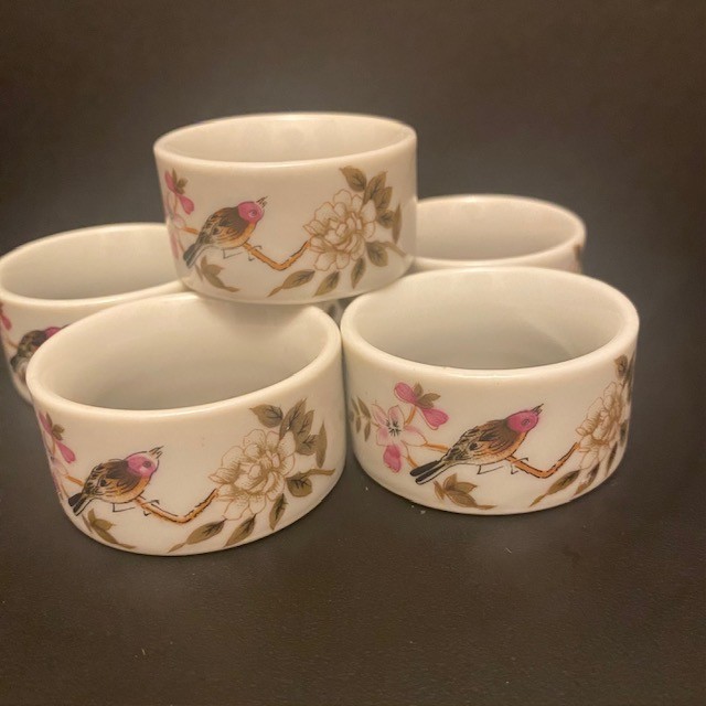 Vintage Shafford Chinese Garden ceramic napkin rings set of 6, unused, 1960-1970