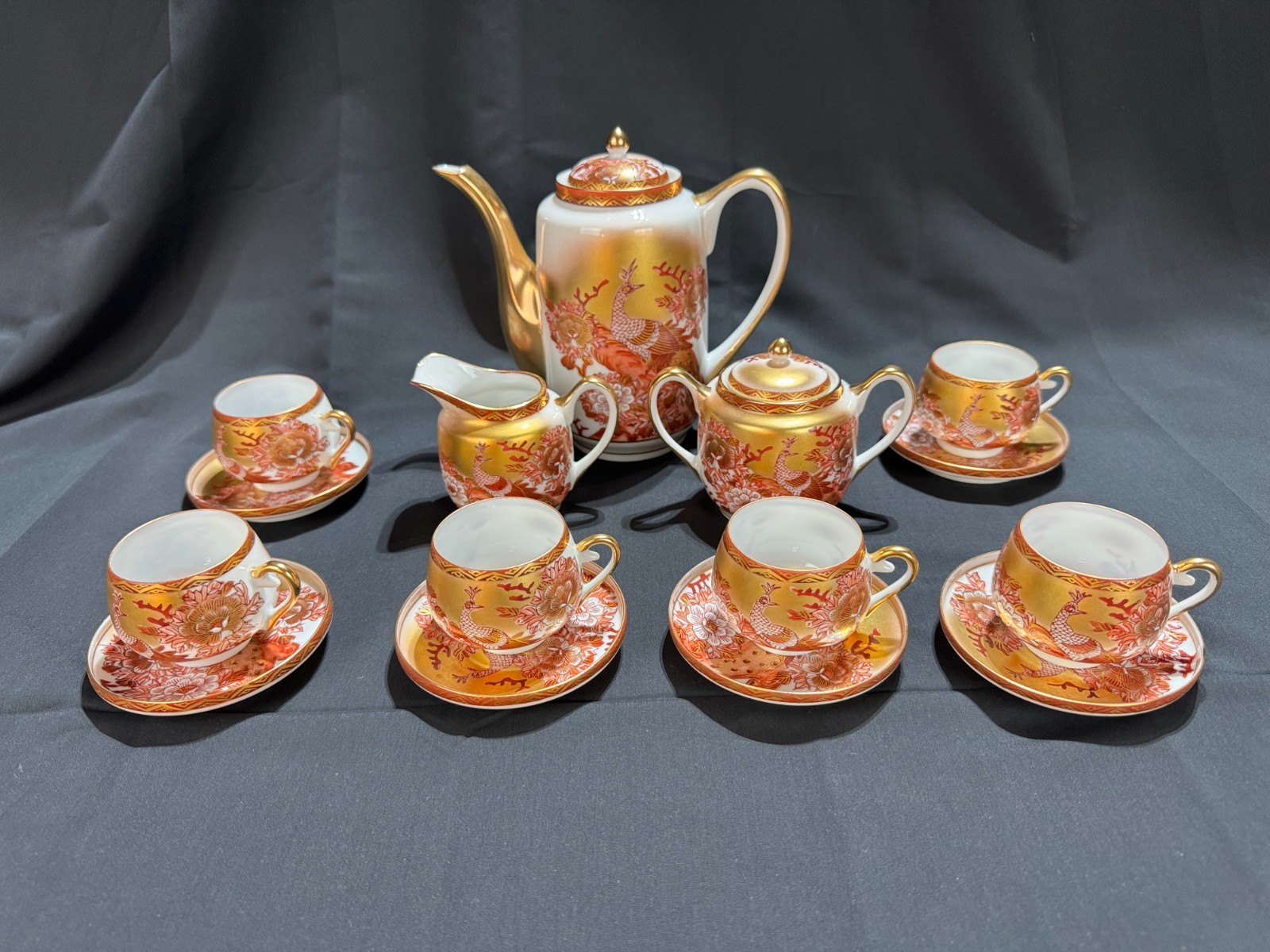 Vintage Kutani Japan Peacock Peony Gold Gilt Porcelain Coffee Tea Set 15 Pc