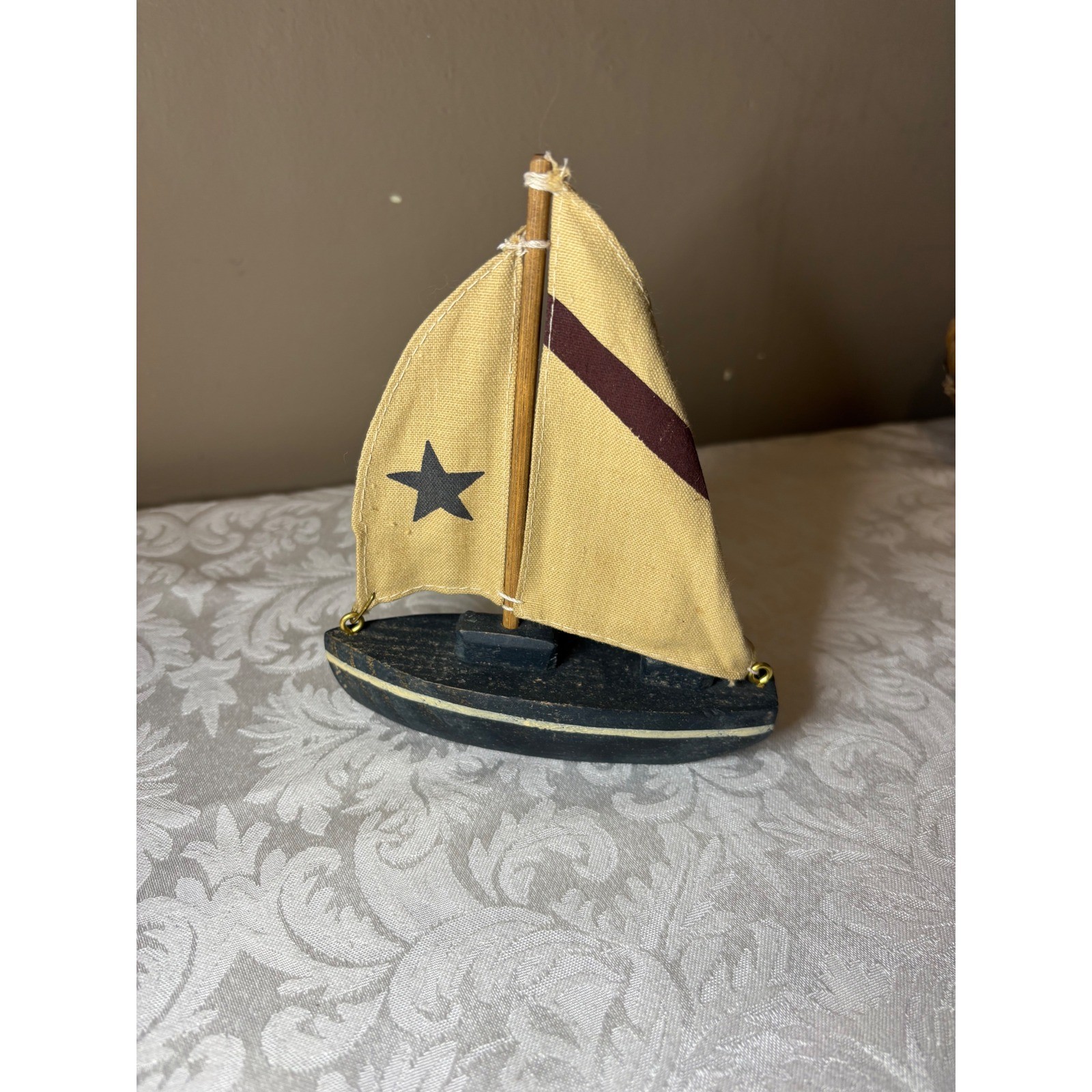 Wooden Miniature Sailboat Decor Black Hull Fabric Star Sail Nautical VTG 6.5\