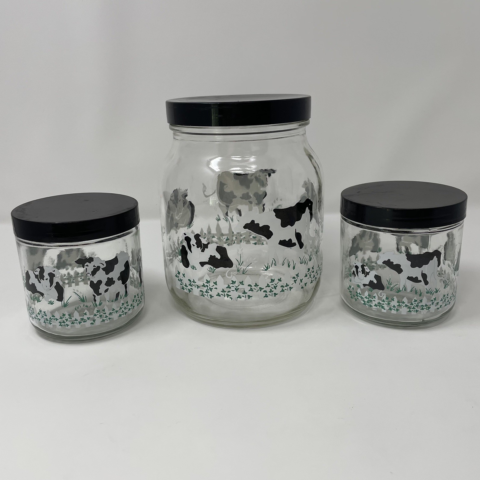 3 PC Vintage Holstein Cow Clear Jars With Lids Pantry Storage Kitchen Decor 3 PC Vintage Holstein Cow Clear Jars With Lids Pantry Storage Kitchen Decor