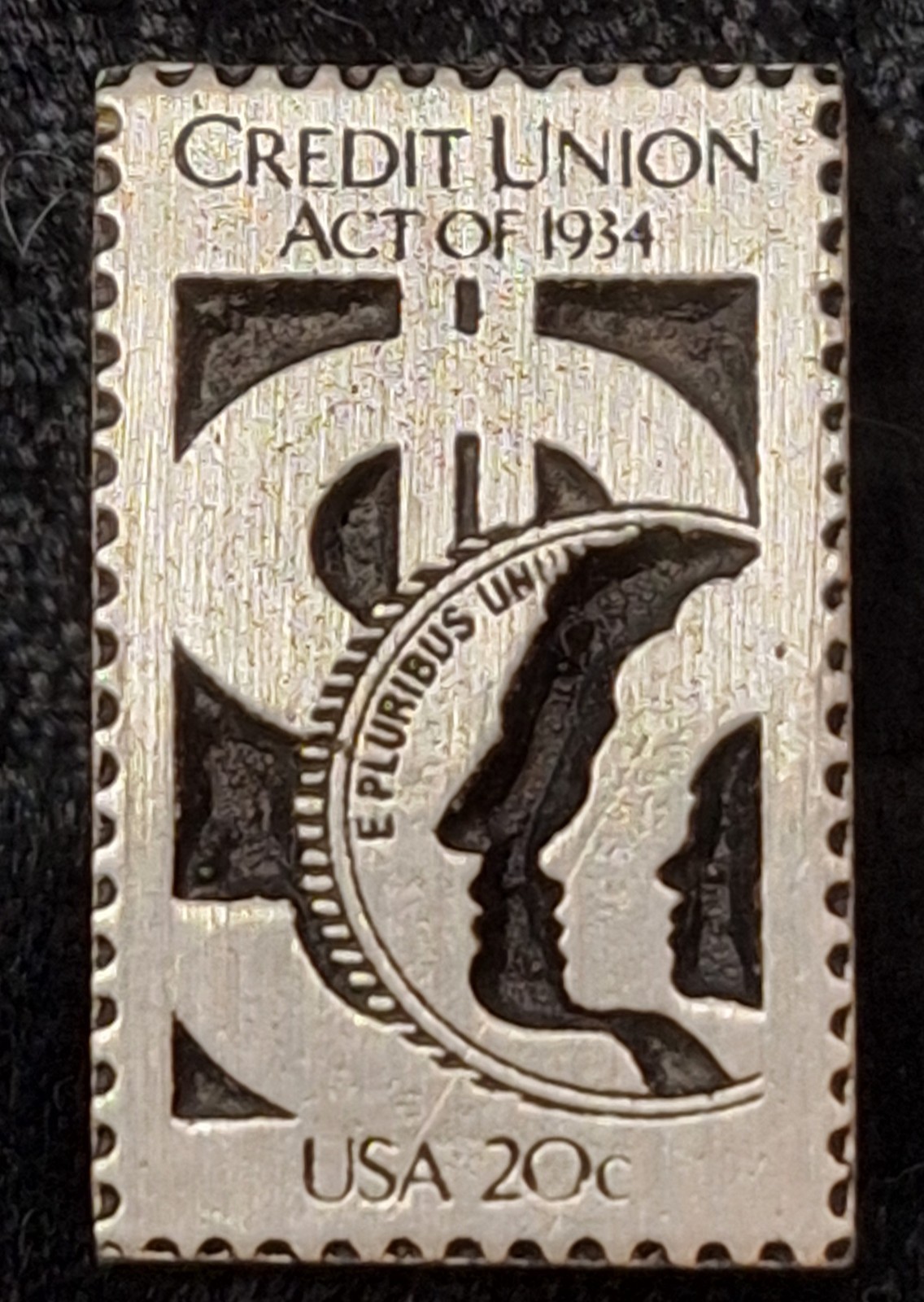 CREDIT UNION ACT OF 1934 PEWTER 20 CENT STAMP HAT LABEL TACK PIN CREDIT UNION ACT OF 1934 PEWTER 20 CENT STAMP HAT LABEL TACK PIN