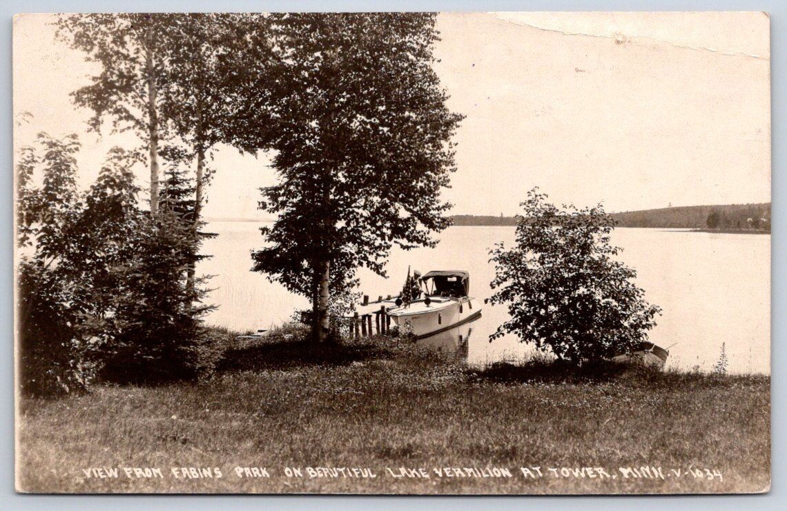 Antique Minnesota Postcard TOWER Lake Vermilion Fabins Park 1922 RPPC
