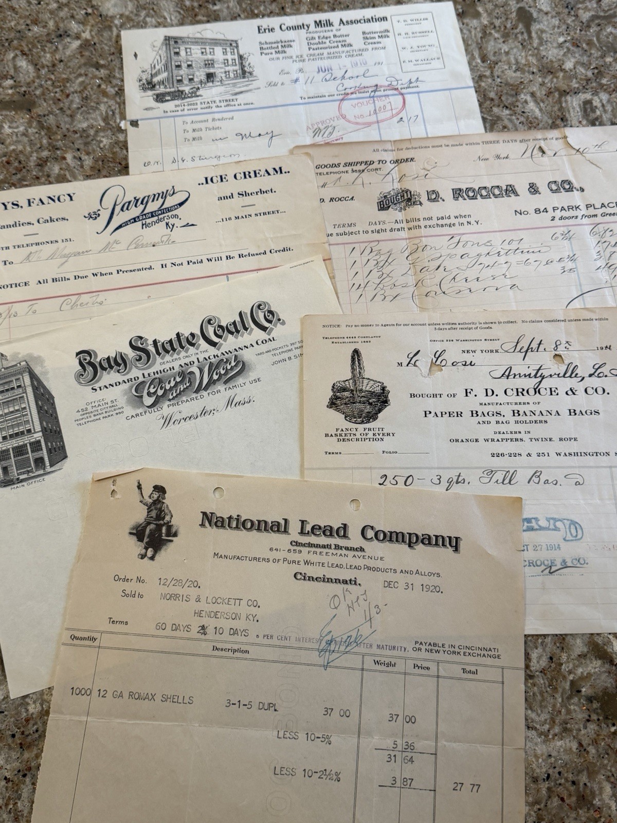 Antique BILLHEADS 1910-1920 ILLUSTRATED Lot PA Ohio Mass KY NYC Lead Dairy Erie
