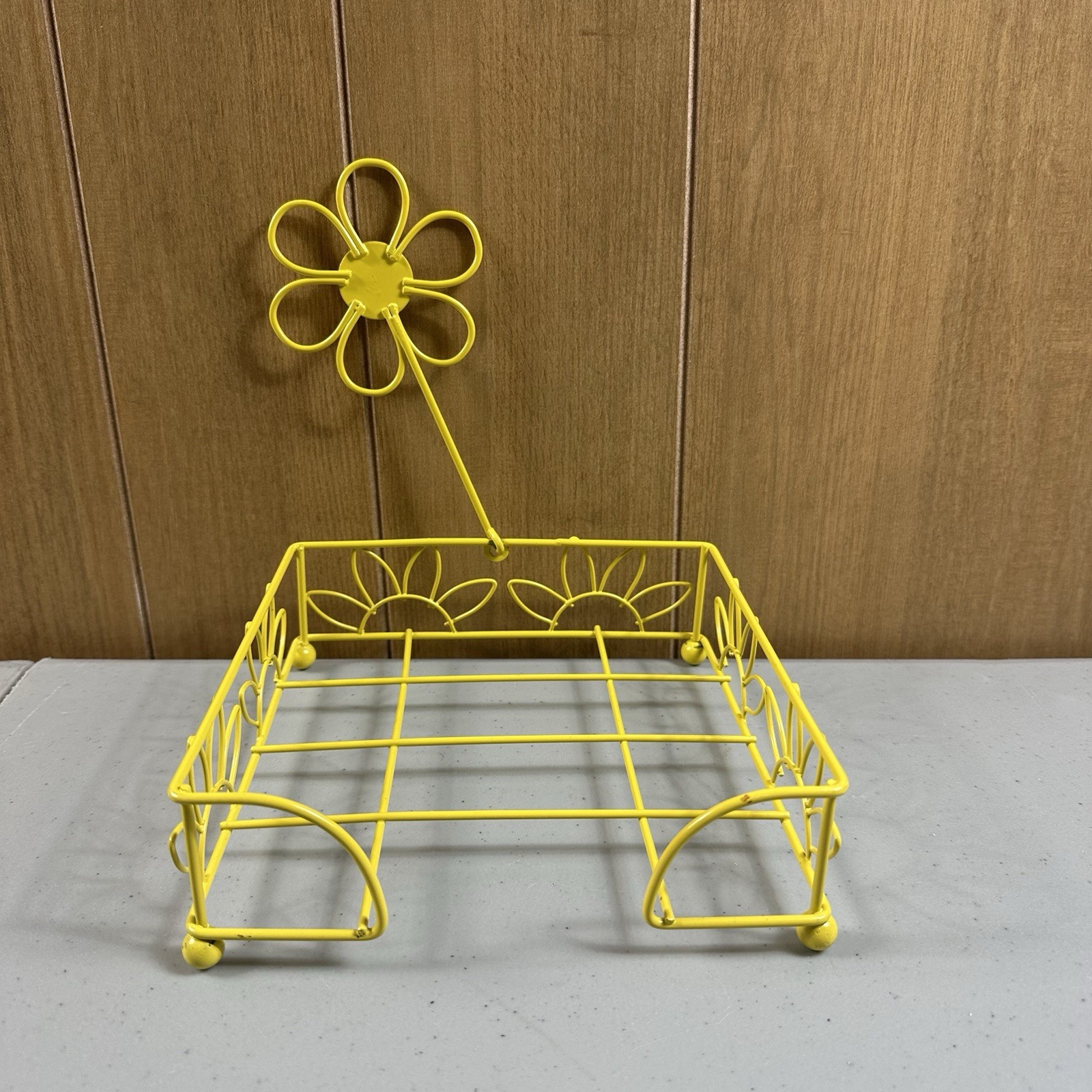 Vintage MCM Yellow Flower Napkin Holder Retro 60s 70s Kitchen Decor Wire Cage