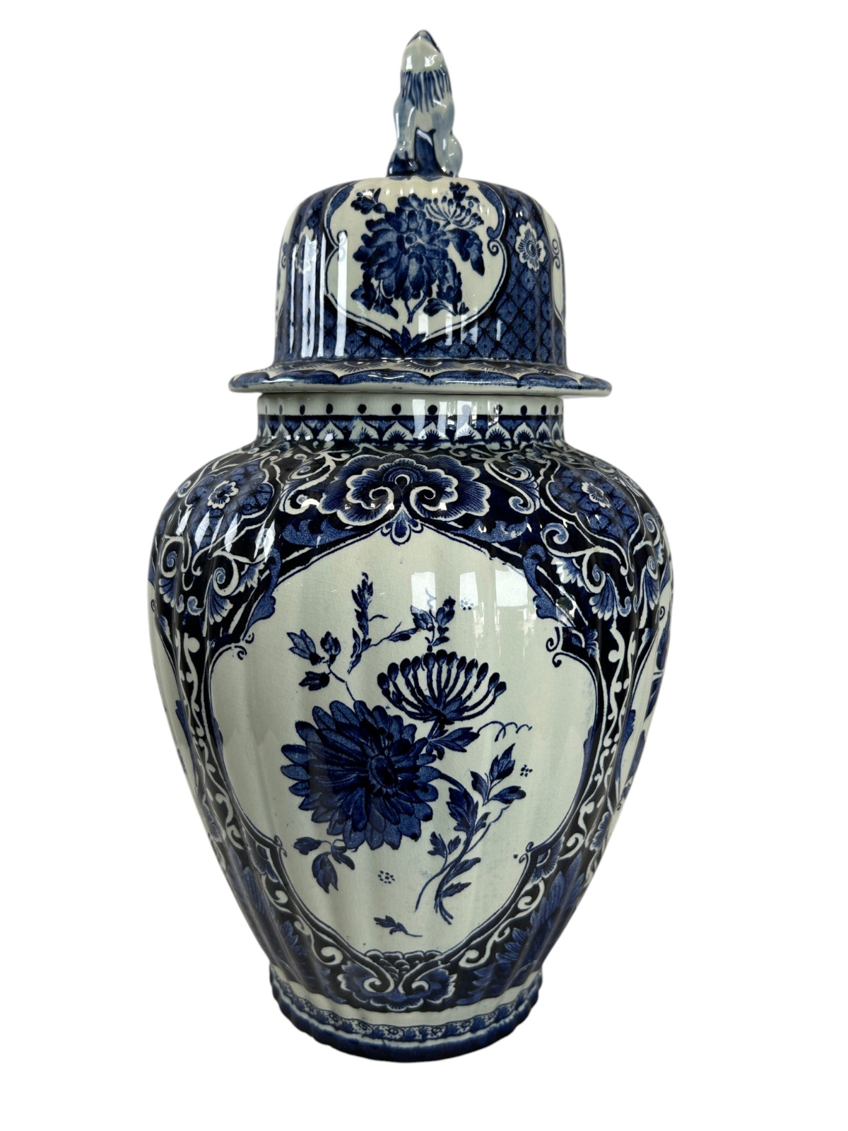 Large Royal Sphinx Maastricht Delft Blue Floral Foo Dog Covered Jar  Holland